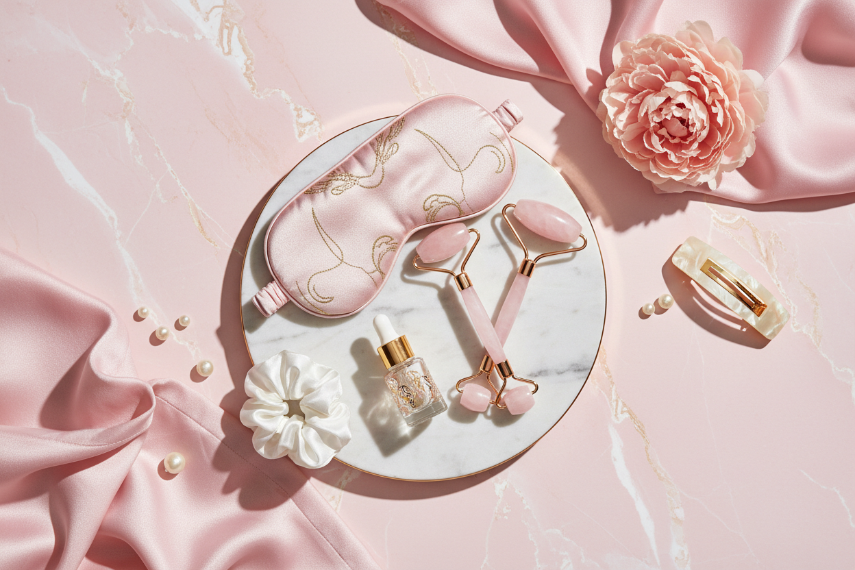 Luxury beauty accessories flat lay on blush pink background
